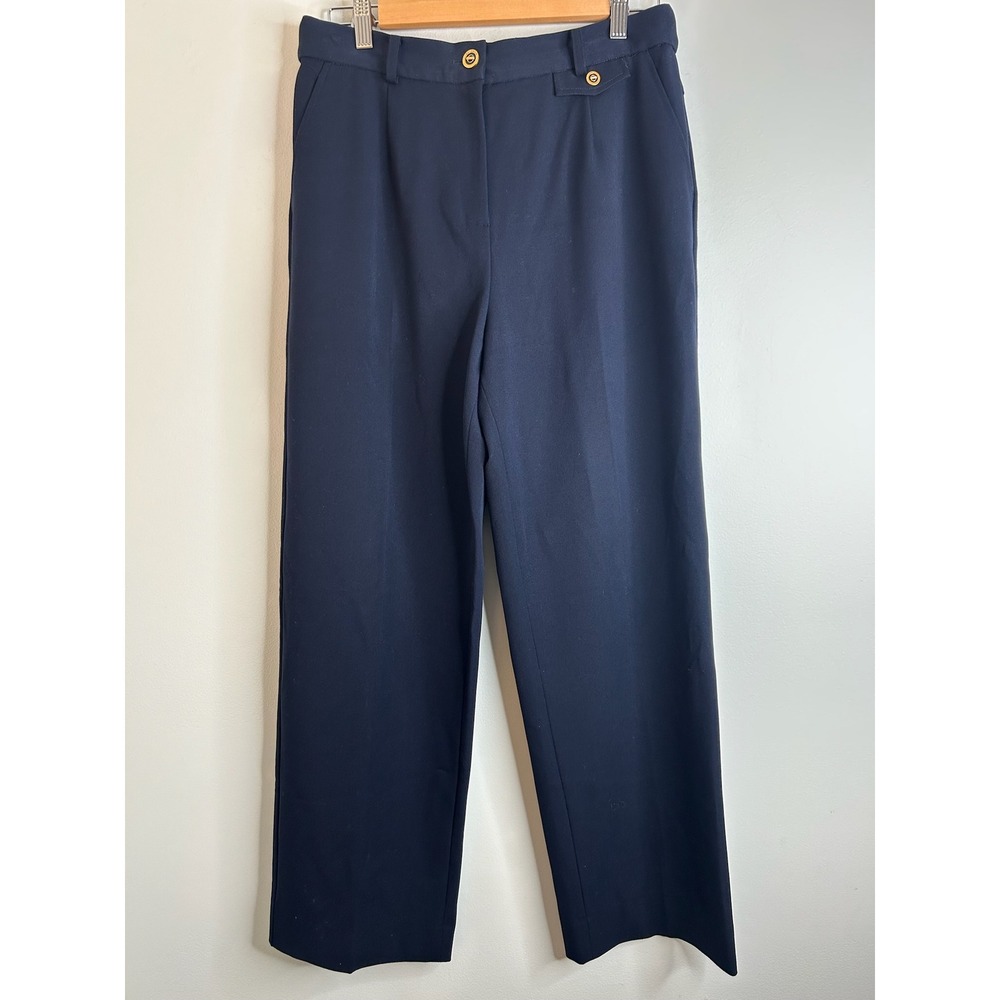 ST JOHN SPORT Navy Blue Wide Leg Trousers Pants Gold Button Womens 29 Luxury